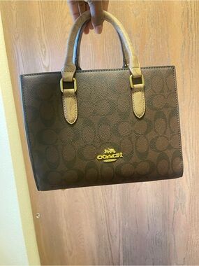 Coach Brown Signature Structured Satchel with Gold Hardware